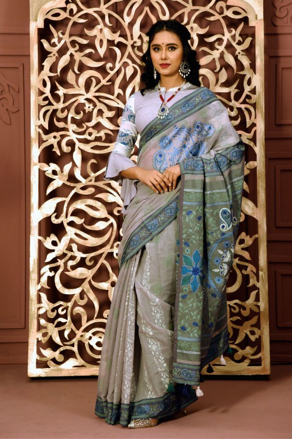 Grey Half Silk Printed & Hand Embroidered Saree