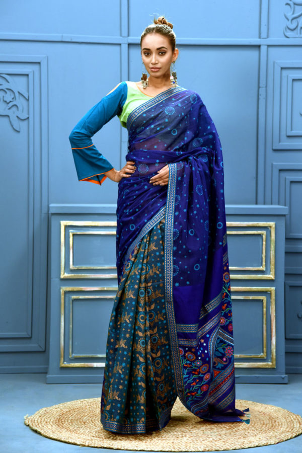 Navy Blue Half Silk Printed & Embroidered Saree