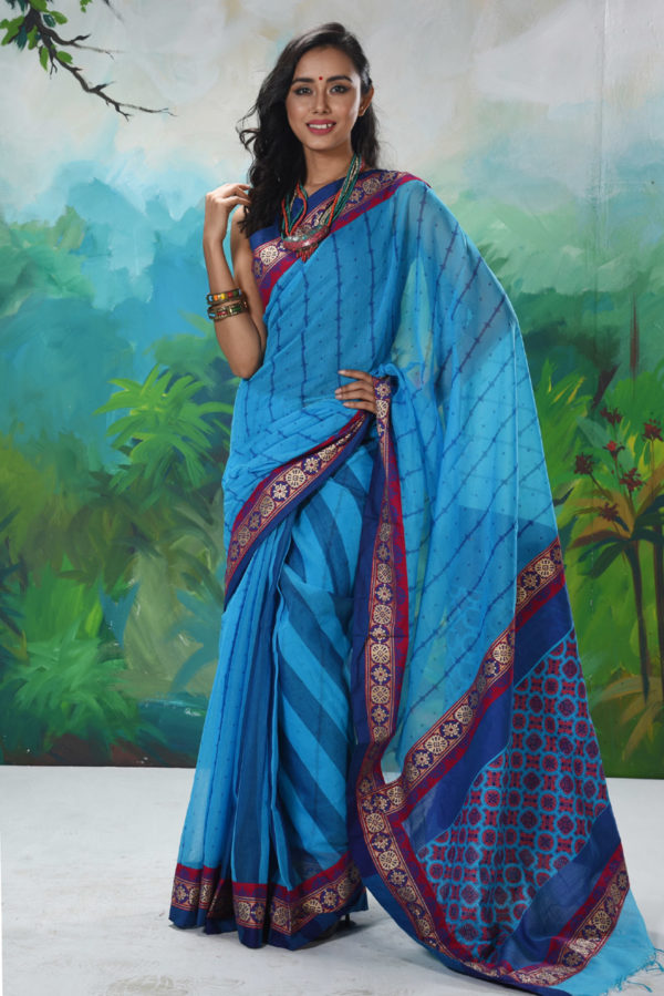Turquoise Blue Half Silk Printed Saree