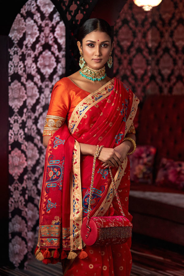 Red Half Silk Printed Saree