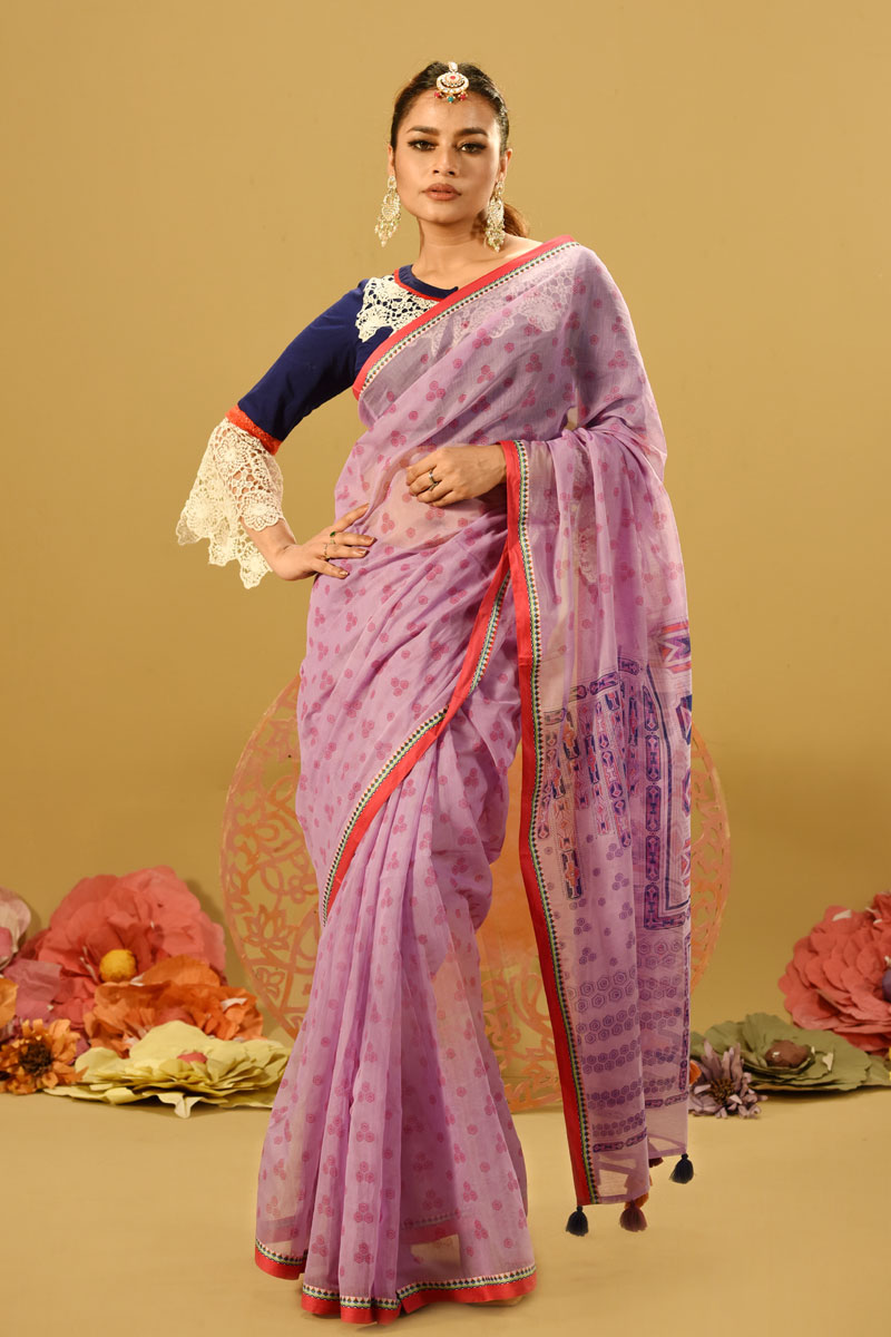 Lavender Half Silk Printed Saree