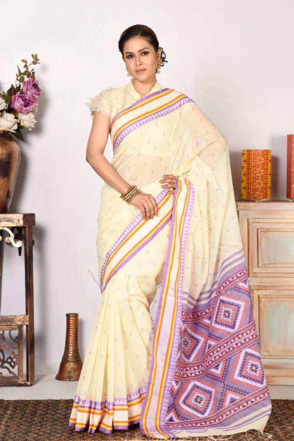 Light Beige Half Silk Printed & Embroidered Saree