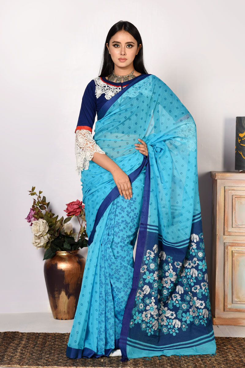 Turquoise Blue Half Silk Printed & Embroidered Saree