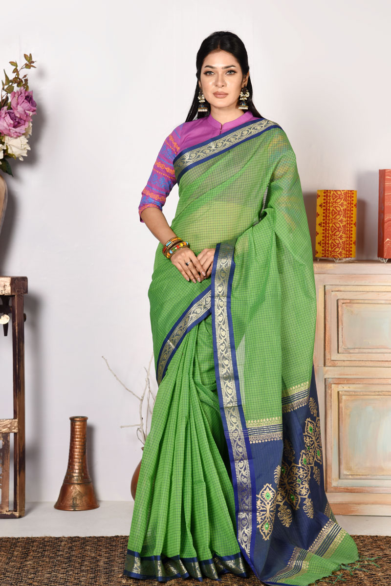Light Green Half Silk Printed & Embroidered Saree
