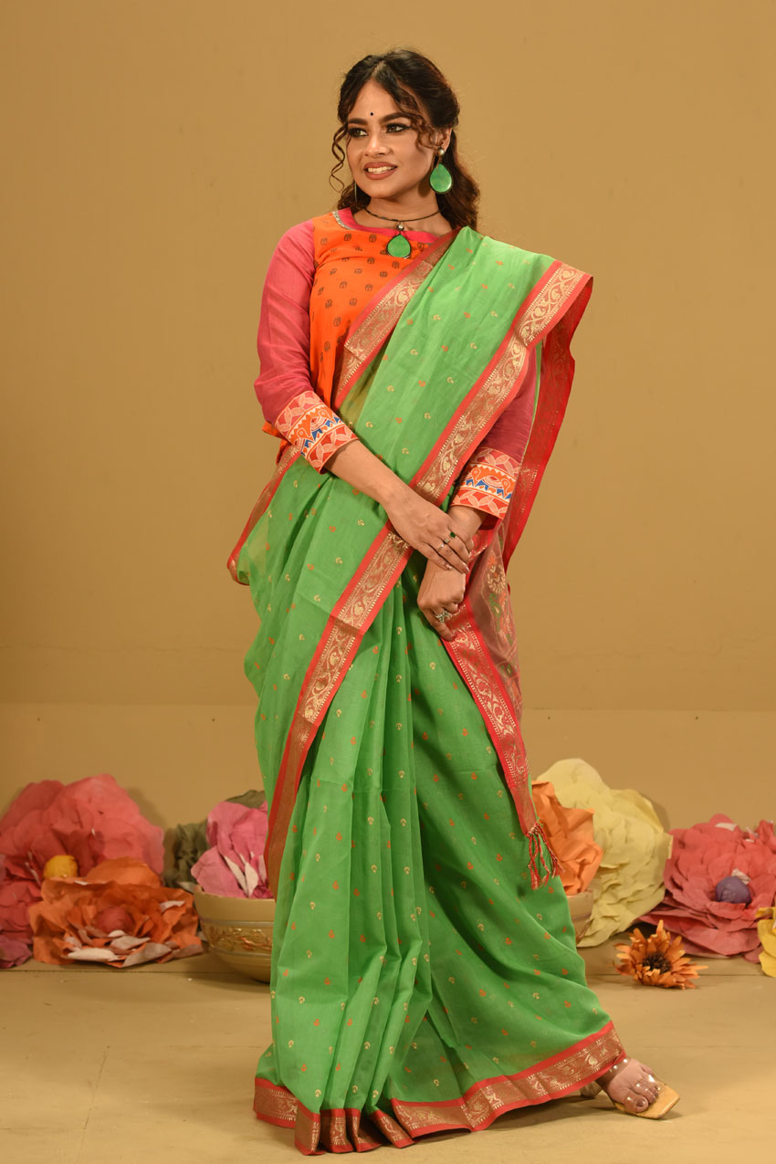 Parrot Green Half Silk Printed Saree