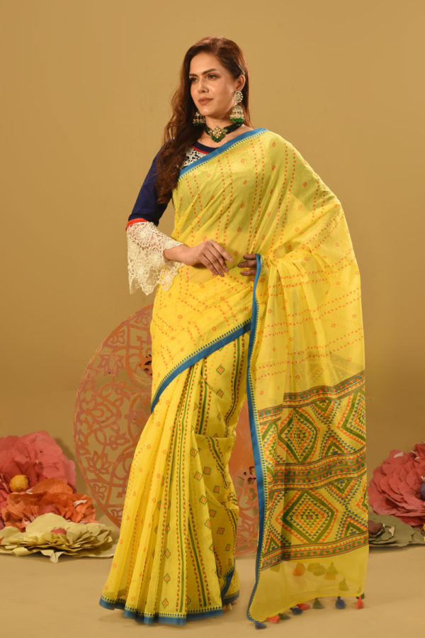 Yellow Half Silk Printed Saree