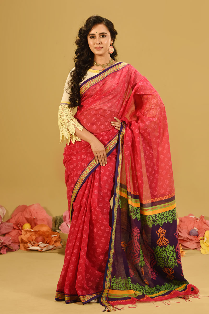 Magenta Half Silk Printed Saree