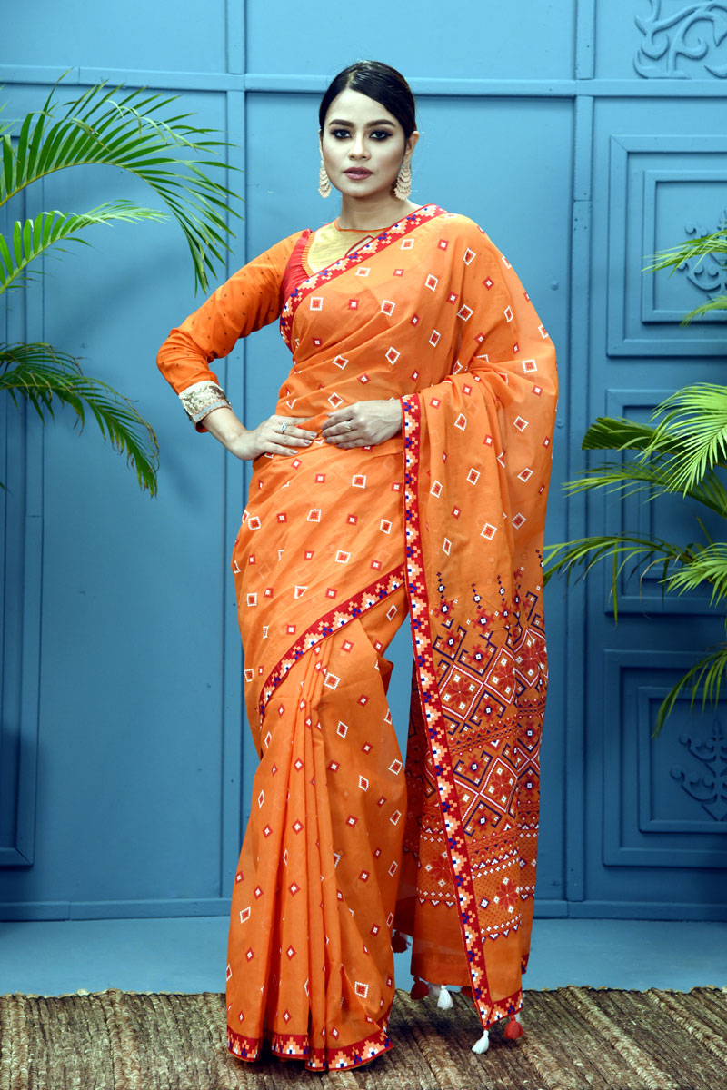Orange coloured Half Silk Printed Saree