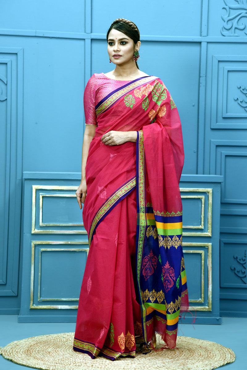 Magenta Half Silk Printed Saree