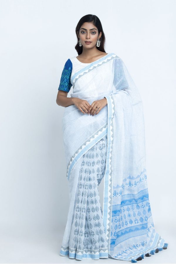 White Half Silk Printed Saree