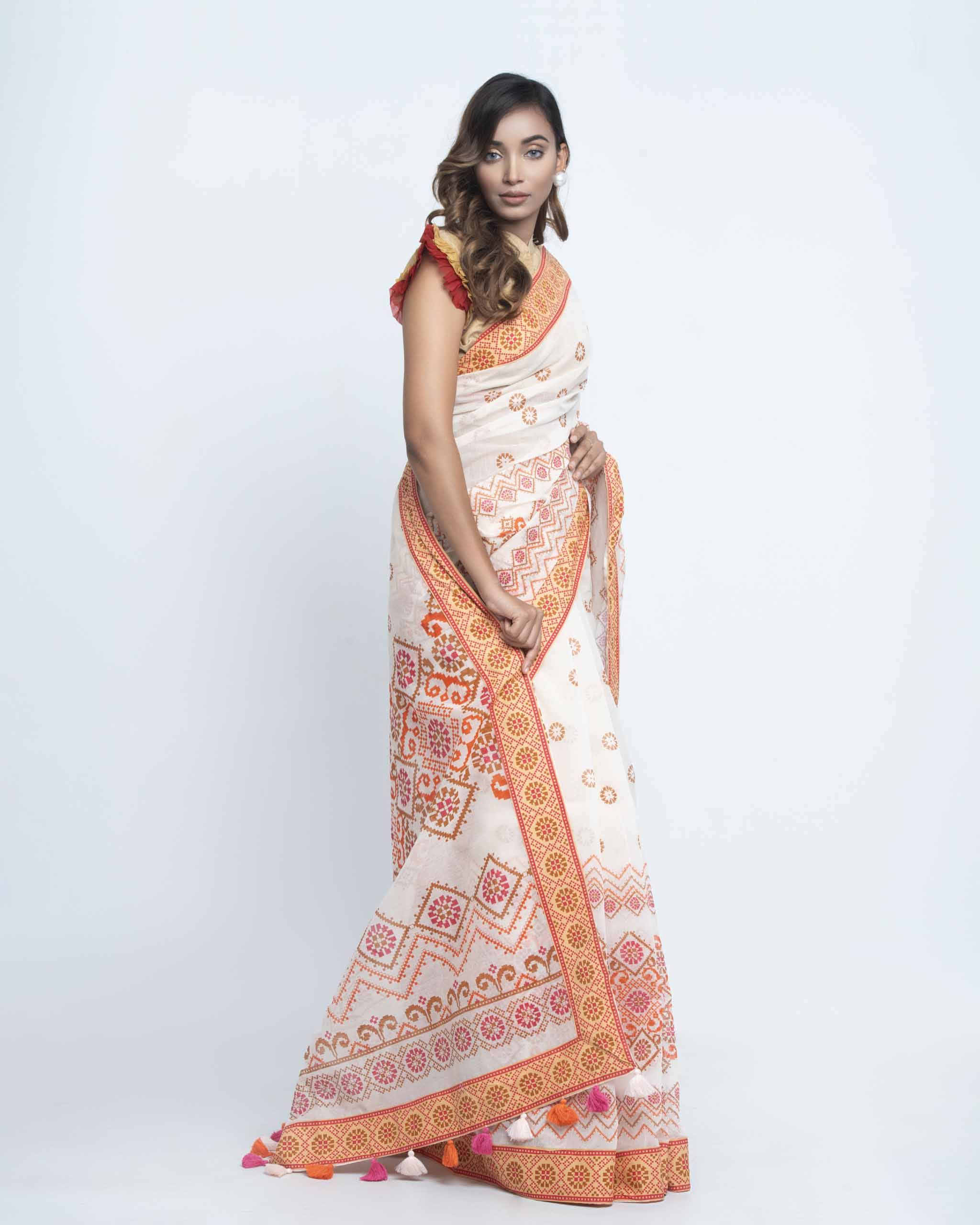 Off White Half Silk Printed Saree
