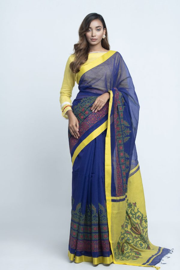 Navy Blue Half Silk Printed & Embroidered Saree
