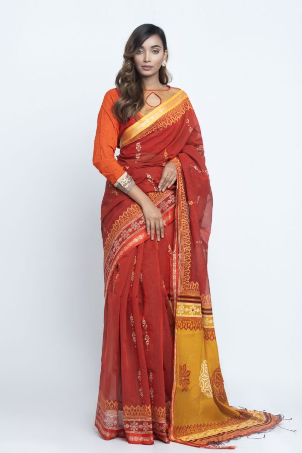 Maroon Half Silk Printed & Embroidered Saree