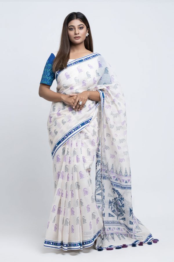 Off-White Half Silk Printed Saree
