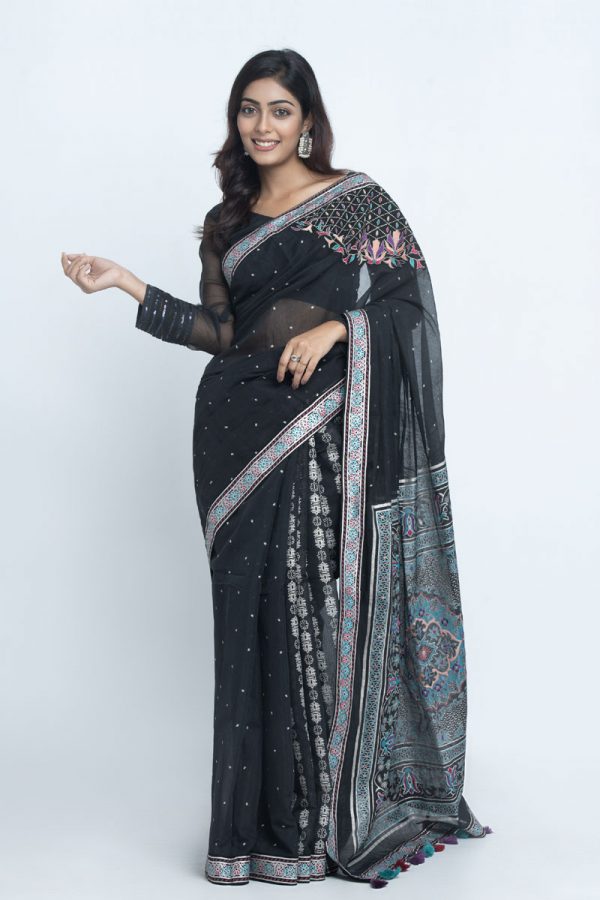 Black Half Silk Printed & Embroidered Saree