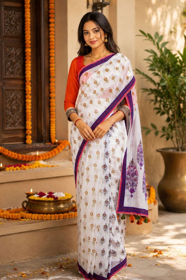 Pearl White Half Silk Printed Saree