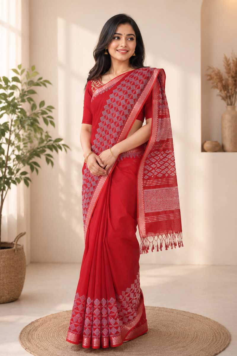 Red Half Silk Printed Saree