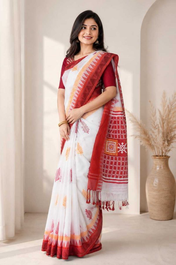 Off White Half Silk Printed Saree