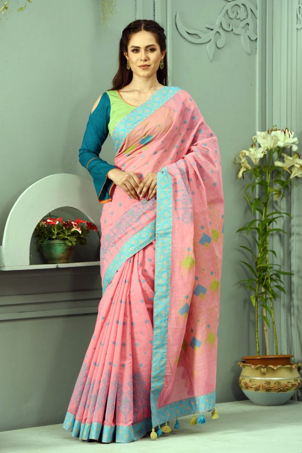 Pink Printed Half Silk Saree