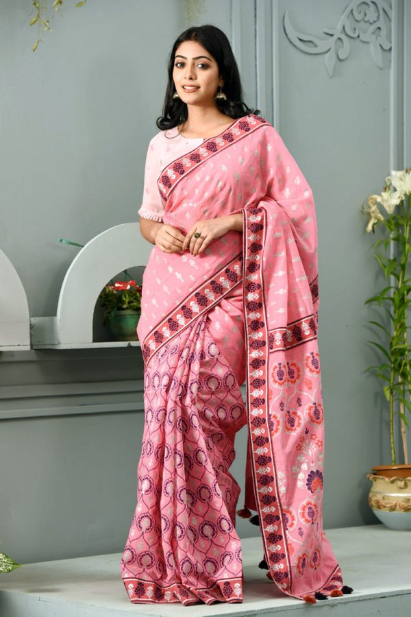 Pink Printed Half Silk Saree
