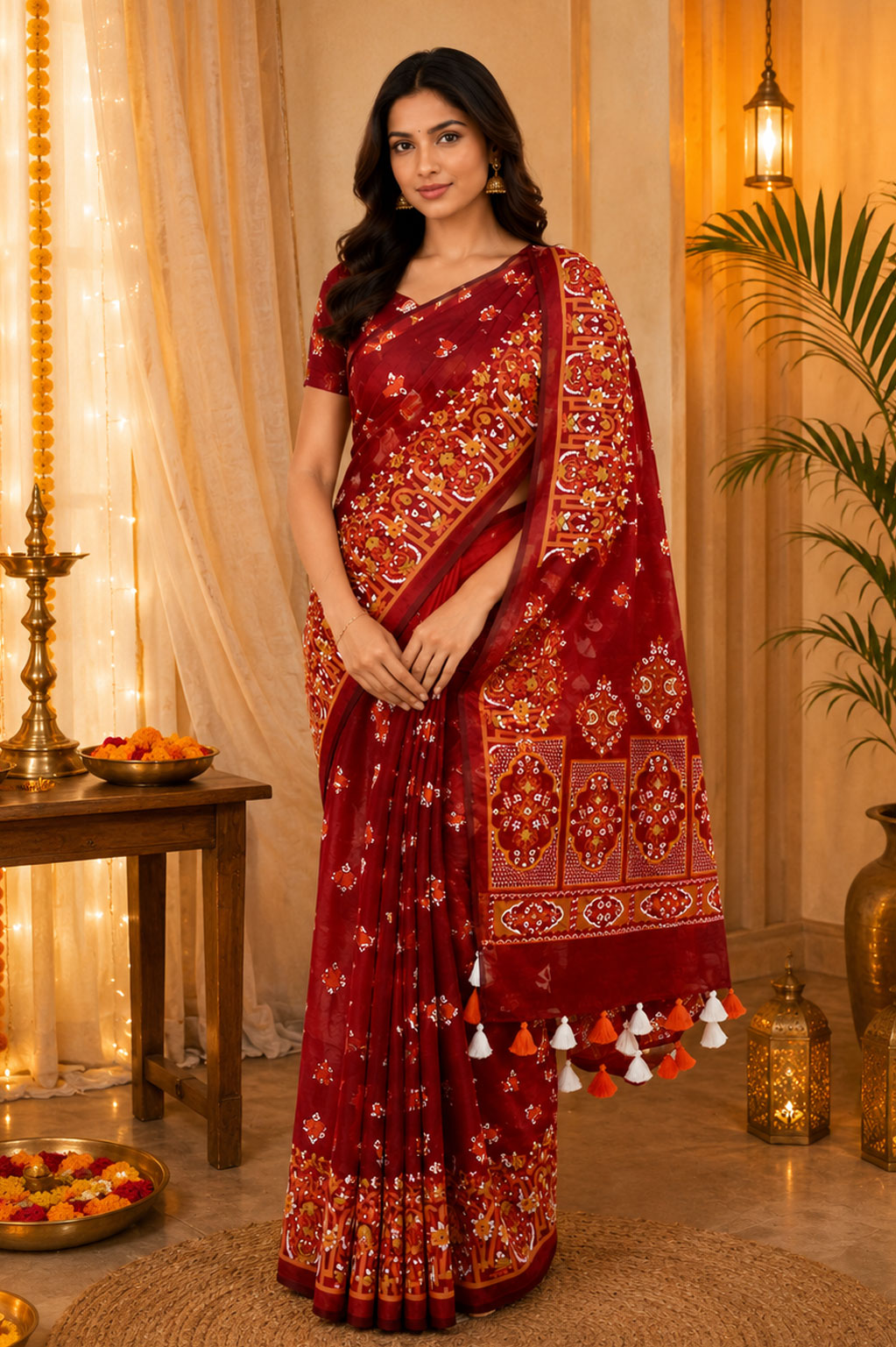 Plum Red Half Silk Printed Saree
