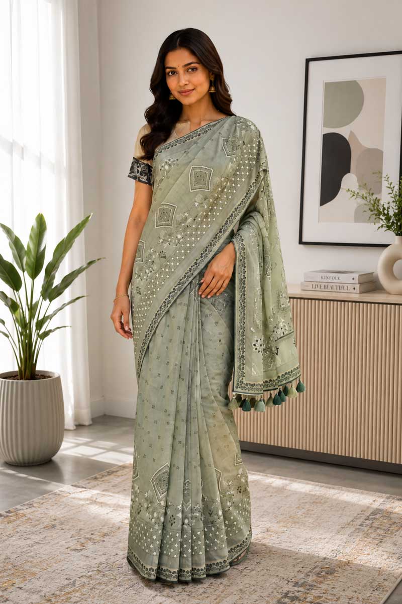 Sage Green Half Silk Printed & Embroidered