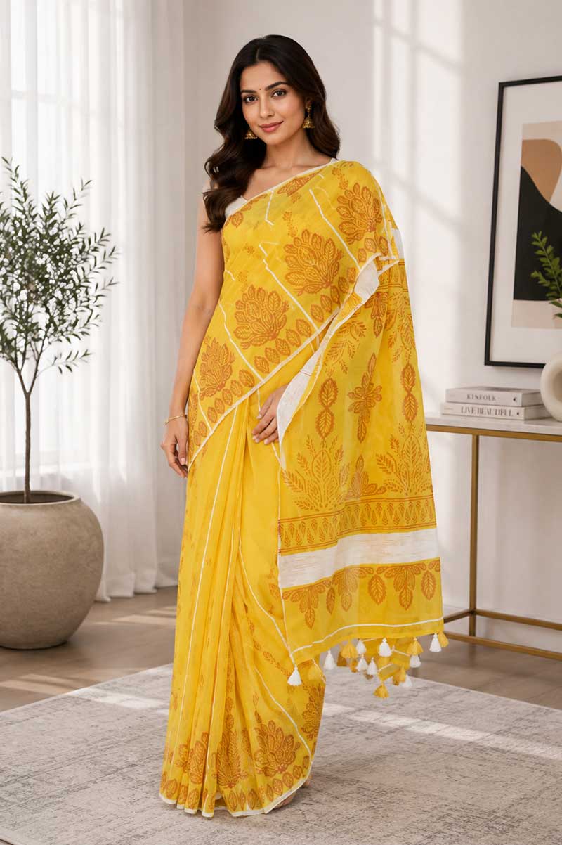 Yellow Khadi Muslin Printed Saree