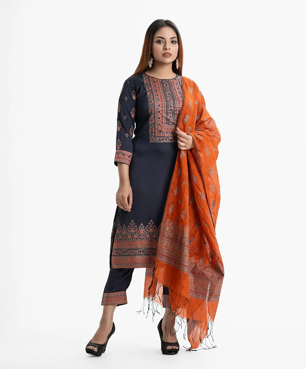 Blue Crepe Straight Salwar Kameez