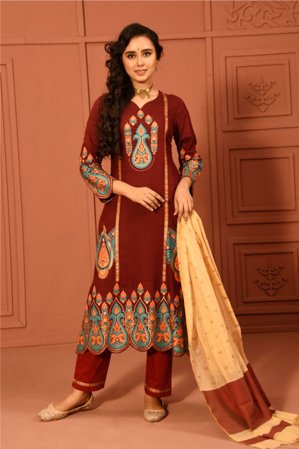 Maroon Cotton Printed & Embroidered Salwar Kameez Set