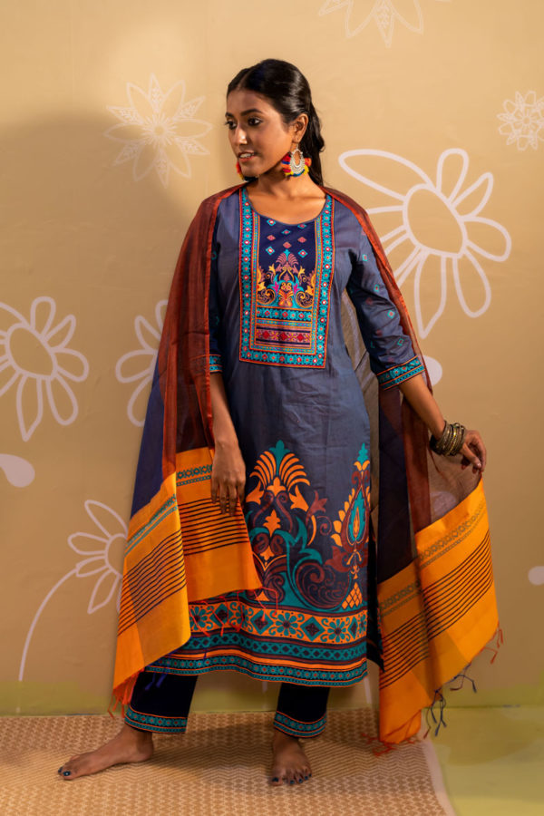 Antique Blue Cotton Printed & Embroidered Salwar Kameez Set