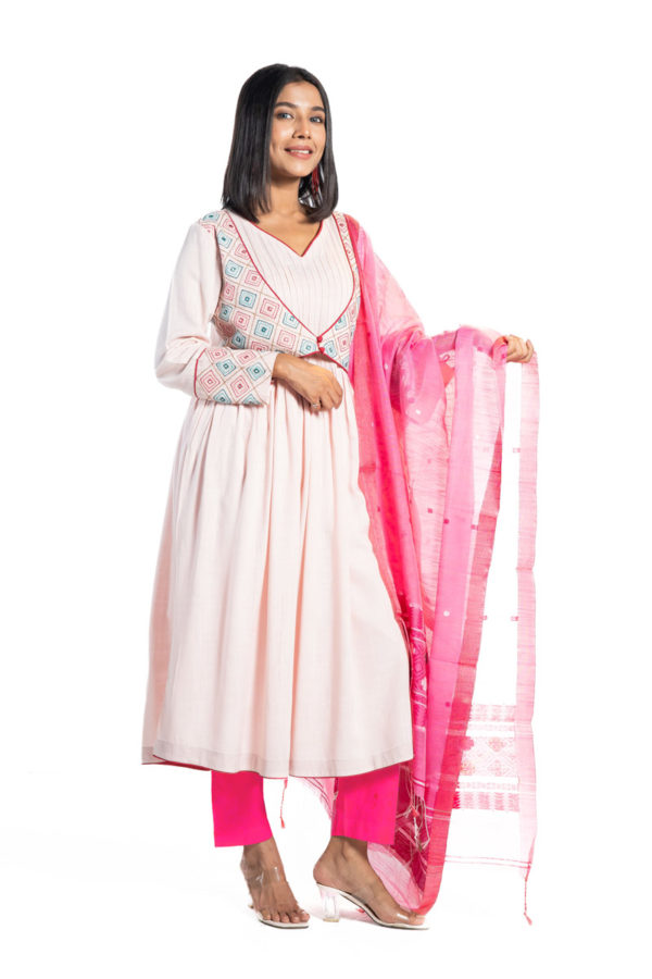 Flamingo Pink Cotton Printed & Embroidered Salwar Kameez Set