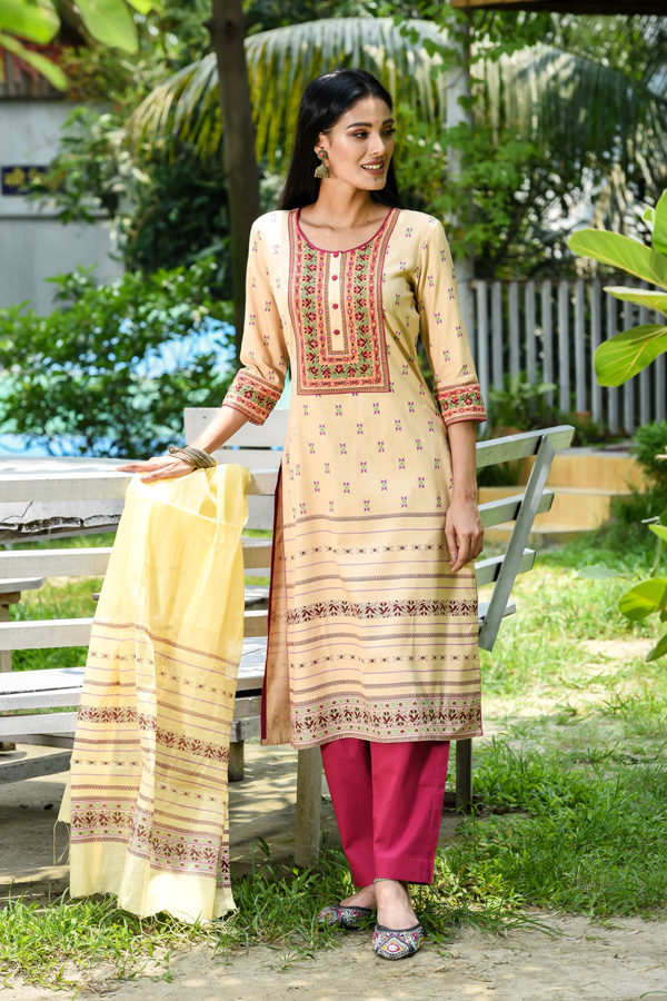 Tan Brown Cotton Printed & Hand Embroidered Salwar Kameez Set
