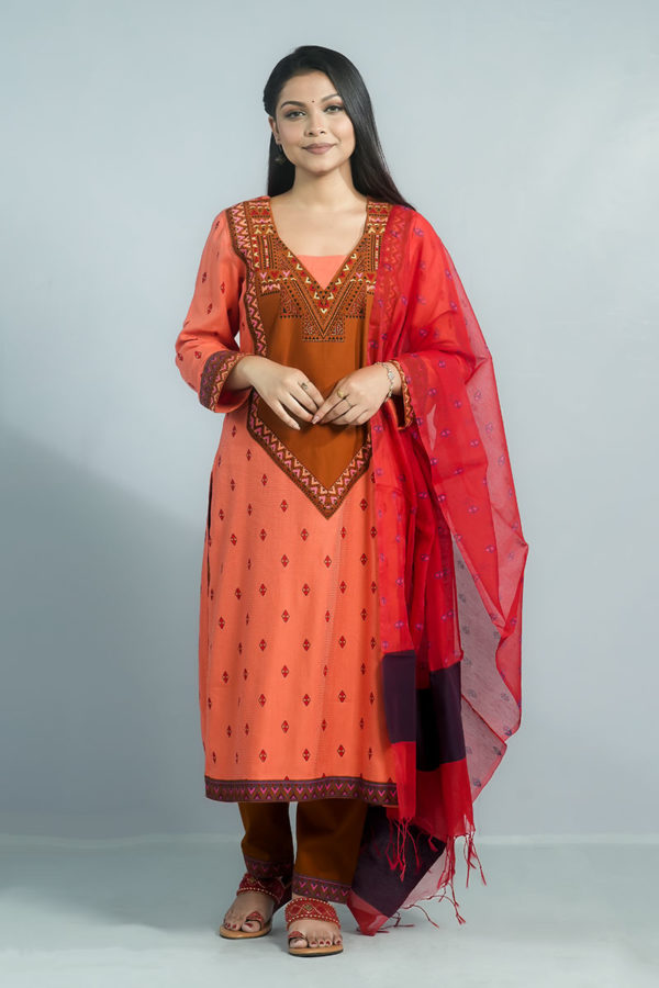 Red Orange Jacquard Cotton Printed & Hand Embroidered Salwar Kameez Set