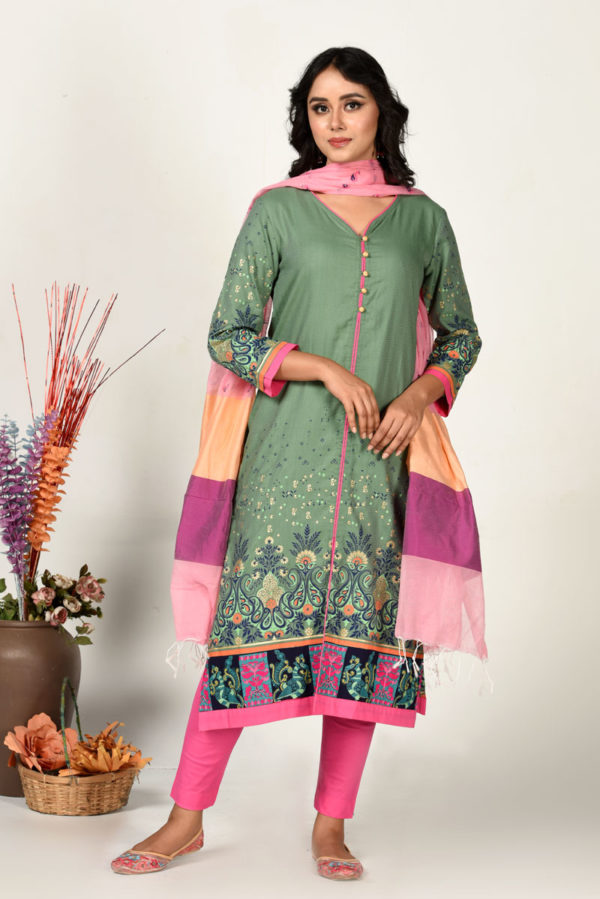 Jade Green Jacquard Cotton Printed & Hand Embroidered Salwar Kameez Set