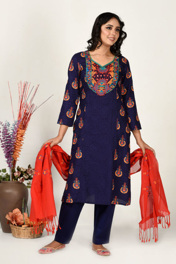 Navy Blue Jacquard Cotton Hand Embroidered & Printed Salwar Kameez set
