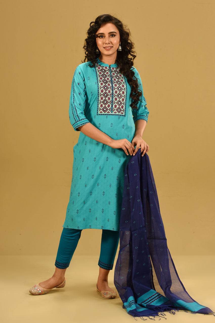 Pastel Green Jacquard Cotton Printed & Hand Embroidered Salwar Kameez Set