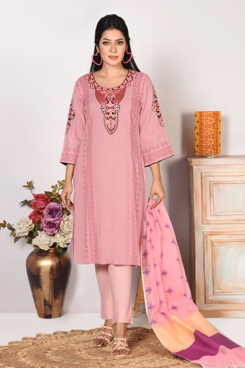 Salmon Pink Jacquard Cotton Printed & Hand Embroidered Salwar Kameez Set