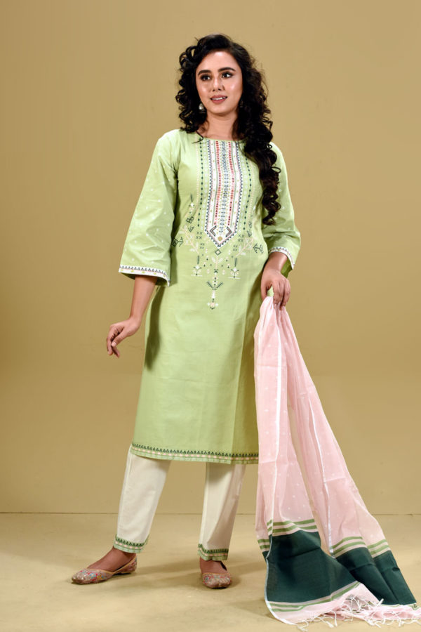 Mint Green Cotton Printed & Embroidered Salwar Kameez Set