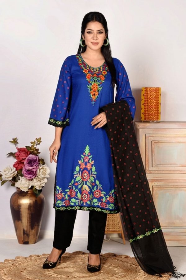 Royal Blue Cotton Printed & Hand Embroidered Salwar Kameez Set