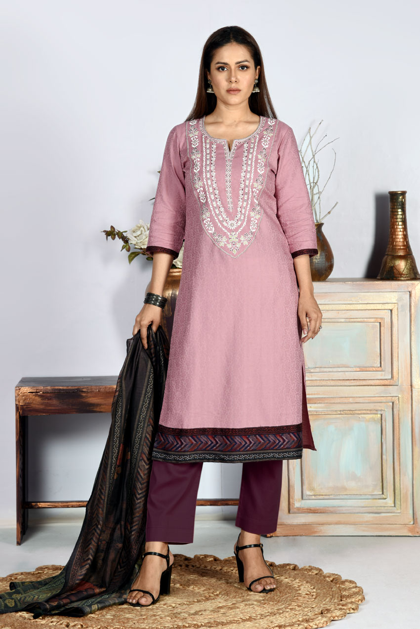 Orange Coloured Linen Printed & Karchupi Ornamented Salwar Kameez Set