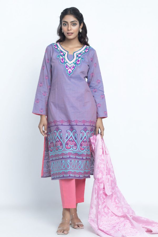 Lavender Cotton Printed & Hand Embroidered Salwar Kameez Set