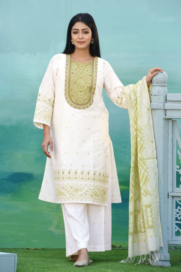 Off White Jacquard Cotton Printed & Embroidered Salwar Kameez Set
