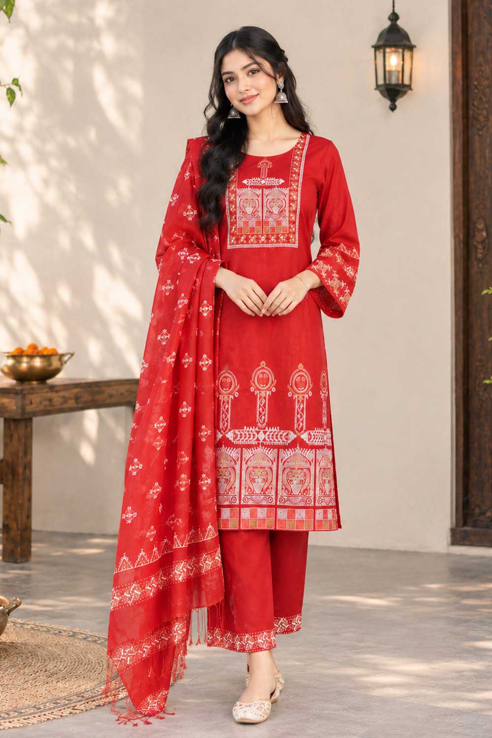 Red Cotton Printed Salwar Kameez Set