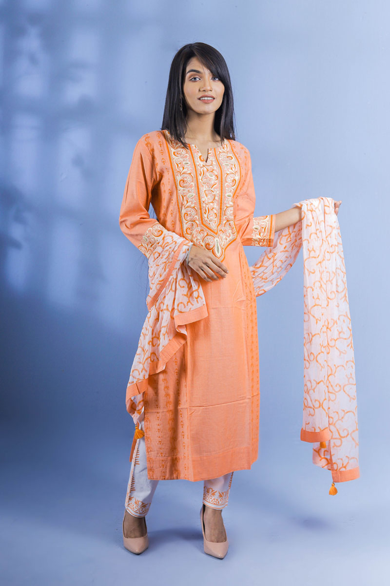 Peach Cotton Printed & Embroidered Salwar Kameez Set