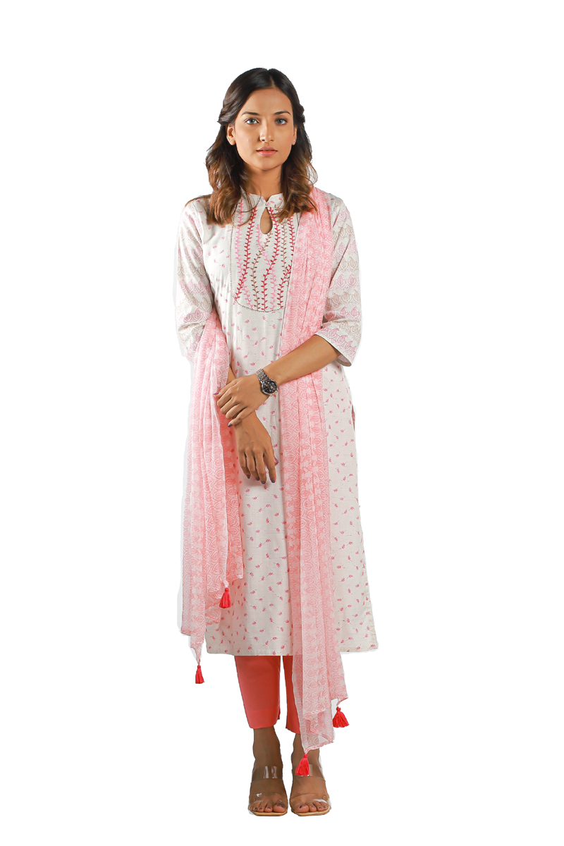 Off White Cotton Printed & Embroidered Salwar Kameez Set