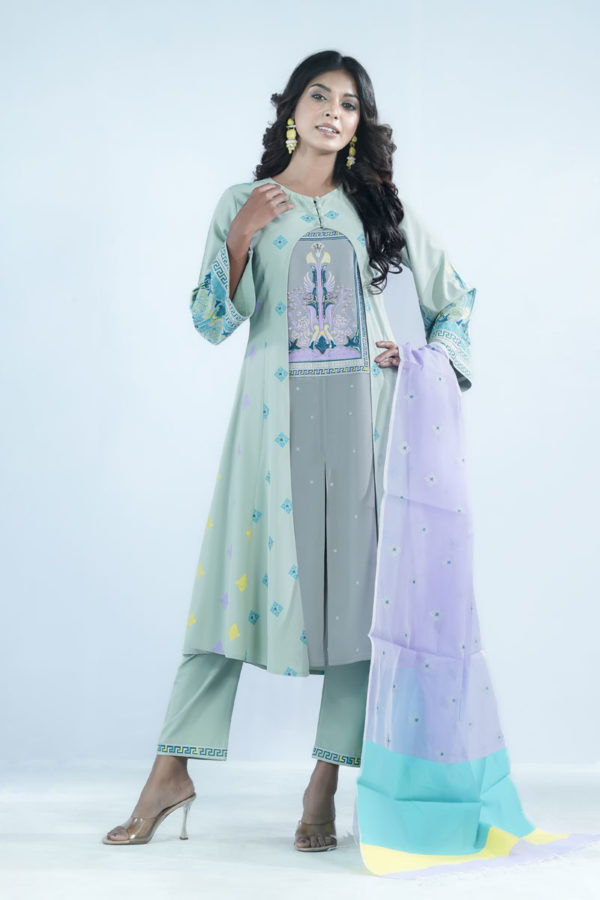 Sage Green Cotton Karchupi Ornamented & Printed Salwar Kameez Set