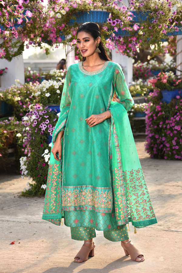 Chilli Green Dupion & Organza Silk Salwar Kameez Set
