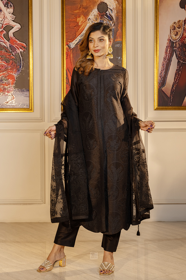 Black Dupion Silk Printed & Hand Embroidered Salwar Kameez Set