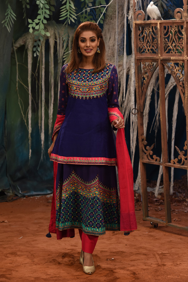 Navy Blue Georgette Printed & Hand Embroidered Salwar Kameez Set