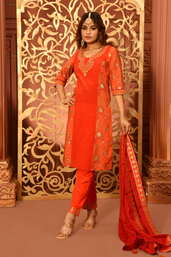 Red Joysree Silk Printed & Embroidered Salwar Kameez Set